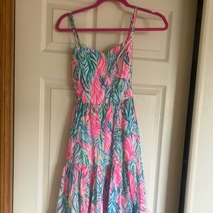 Tropical Pink and Blue Leaf Print Dress
